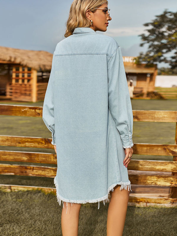 New Retro Washed Denim Loose Casual Long Sleeve Raw Edge Dress - Stormyjay