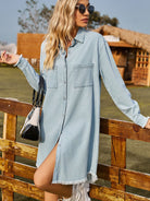 New Retro Washed Denim Loose Casual Long Sleeve Raw Edge Dress - Stormyjay