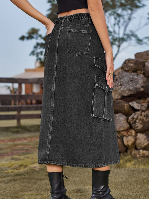 New American Spice Girl Elastic Waist Denim Workwear Casual Mid Length Skirt Skirt - Stormyjay