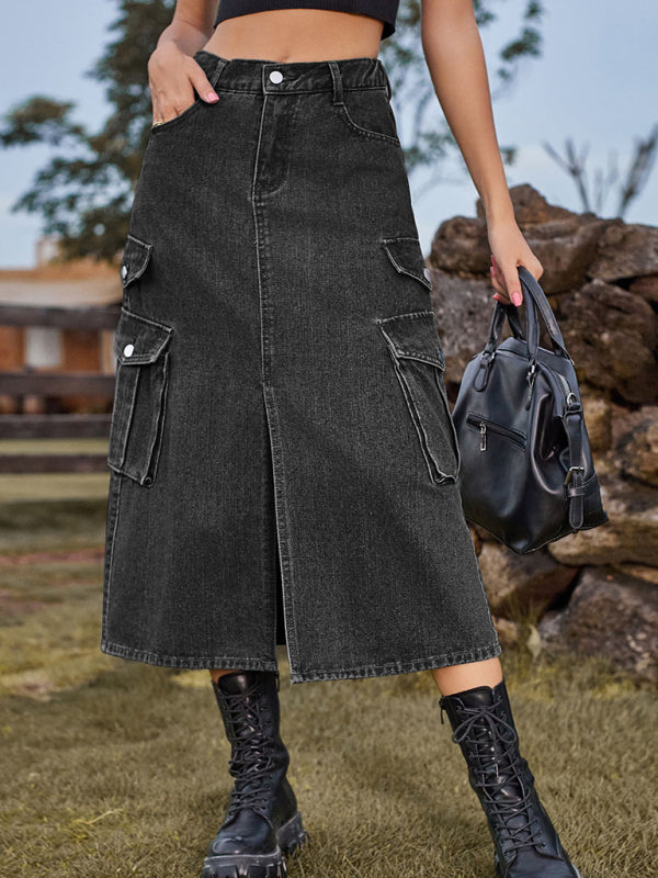 New American Spice Girl Elastic Waist Denim Workwear Casual Mid Length Skirt Skirt - Stormyjay