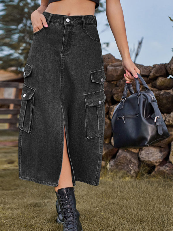 New American Spice Girl Elastic Waist Denim Workwear Casual Mid Length Skirt Skirt - Stormyjay