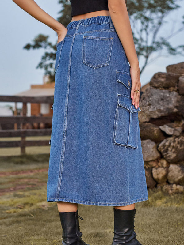 New American Spice Girl Elastic Waist Denim Workwear Casual Mid Length Skirt Skirt - Stormyjay