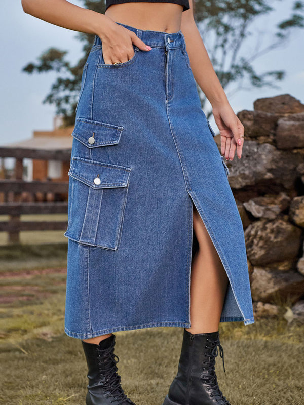 New American Spice Girl Elastic Waist Denim Workwear Casual Mid Length Skirt Skirt - Stormyjay