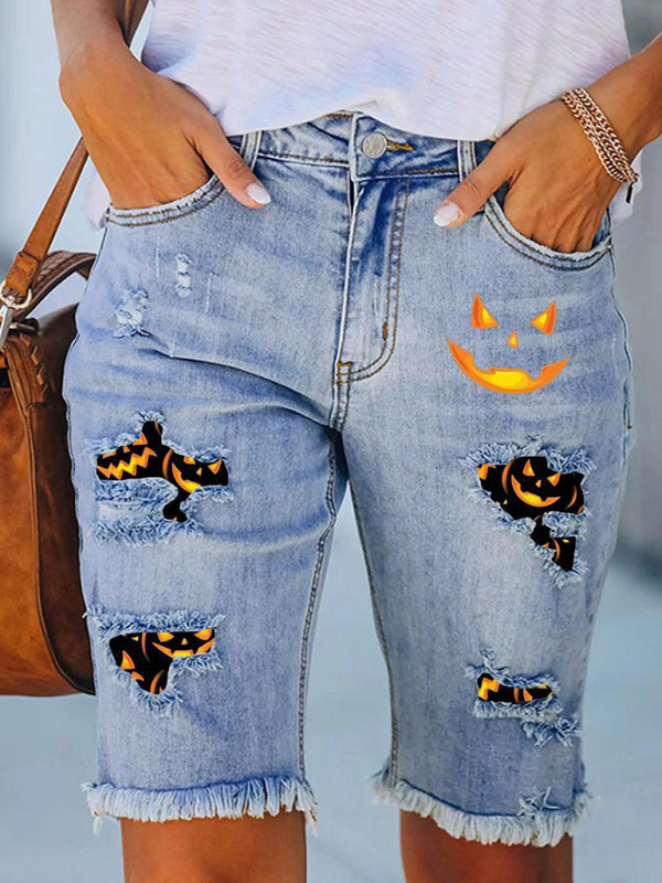 New denim casual five-point pants Halloween printed pants raw edge jeans - Stormyjay