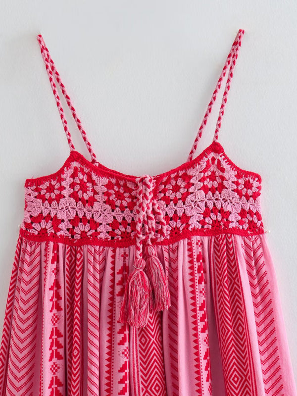 Crochet patchwork knitted ethnic style slip dress - Stormyjay