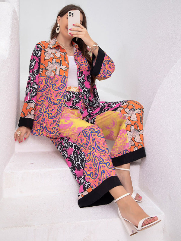 New plus size women's loose retro floral shirt suit - Stormyjay