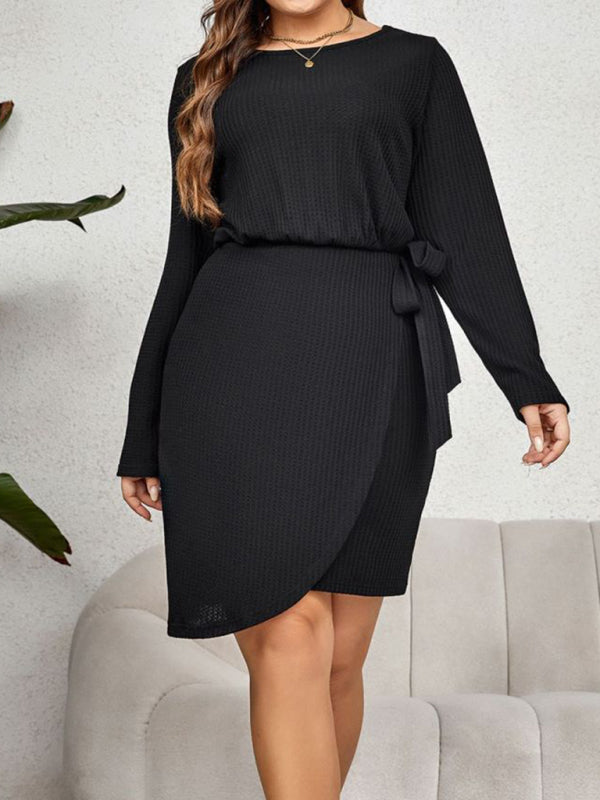 New plus size women's round neck long-sleeved waist-tie slim dress - Stormyjay