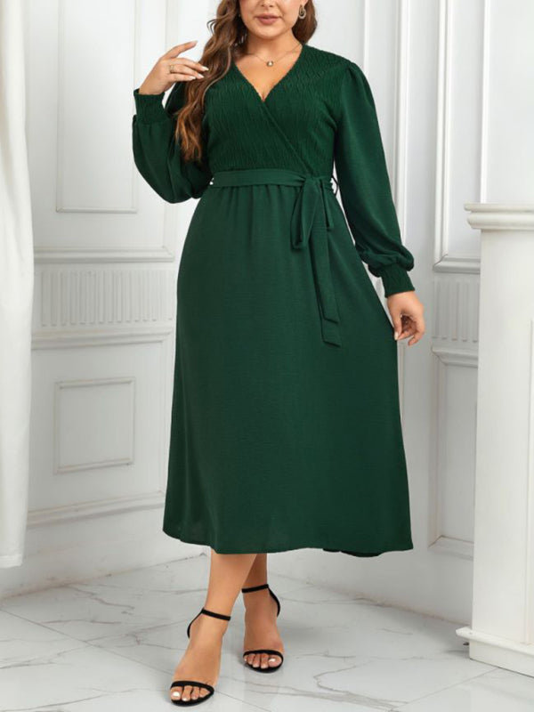 New plus size women's V-neck green design dress - Stormyjay