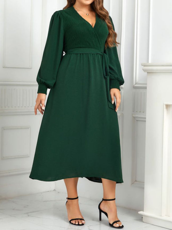 New plus size women's V-neck green design dress - Stormyjay