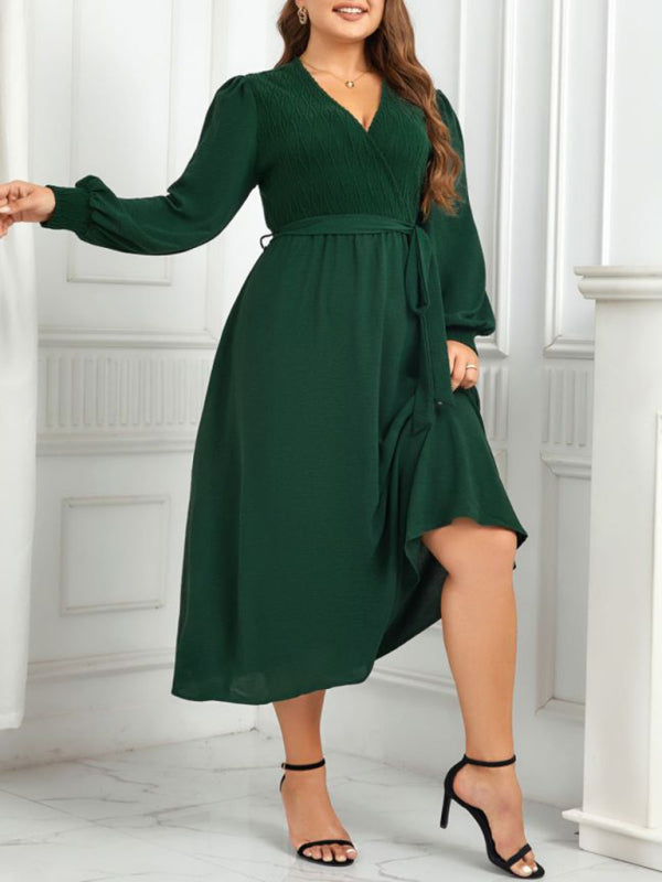 New plus size women's V-neck green design dress - Stormyjay