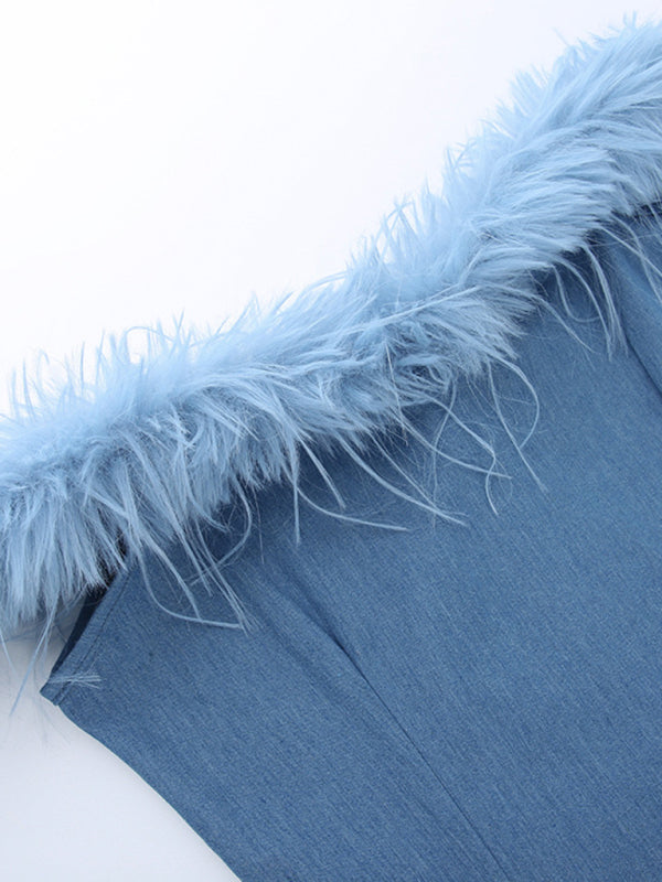 New one-shoulder fur-trimmed hip-hugging denim dress - Stormyjay