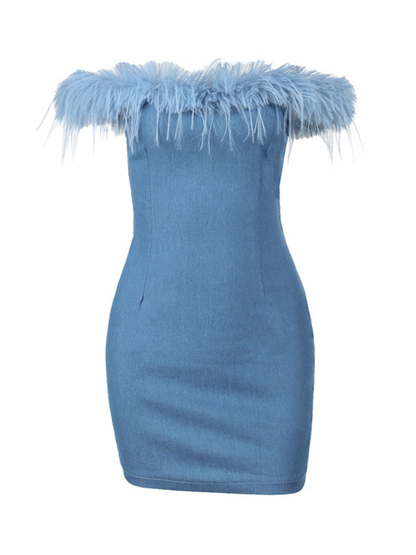 New one-shoulder fur-trimmed hip-hugging denim dress - Stormyjay