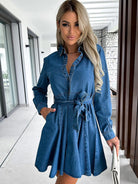 Women's waist-cinched lapel denim dress - Stormyjay