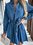 Women's waist-cinched lapel denim dress - Stormyjay