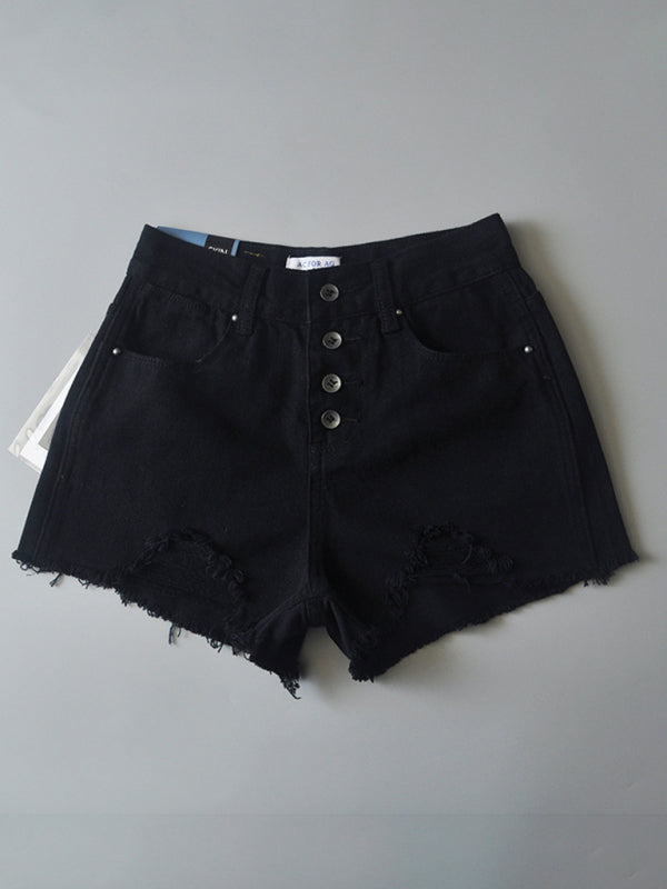 Women's high-waisted buttoned-up washed ripped raw edge denim shorts hot pants - Stormyjay