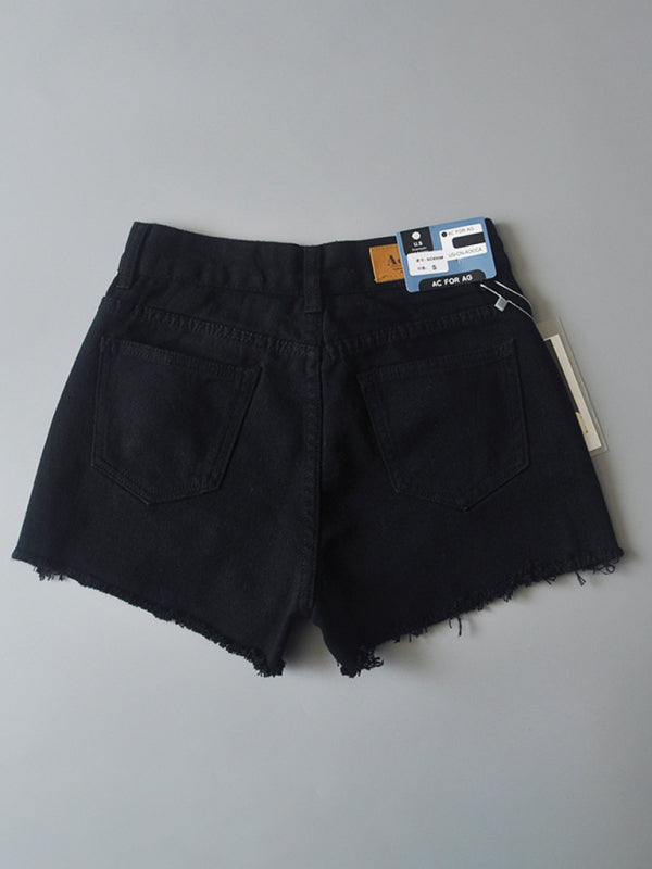 Women's high-waisted buttoned-up washed ripped raw edge denim shorts hot pants - Stormyjay