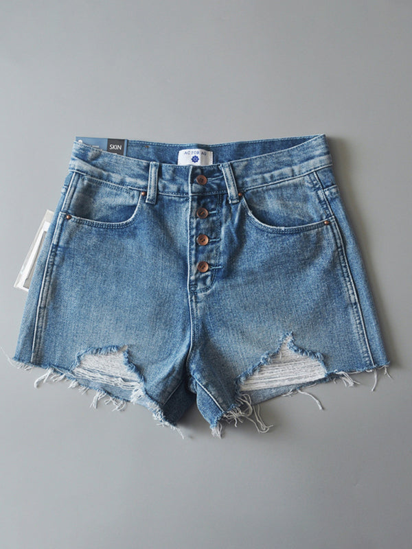 Women's high-waisted buttoned-up washed ripped raw edge denim shorts hot pants - Stormyjay