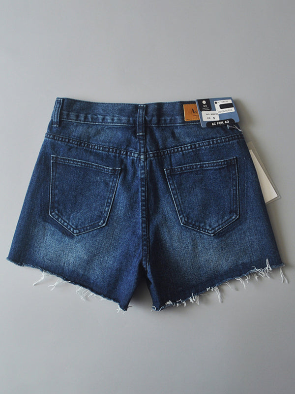 Women's high-waisted buttoned-up washed ripped raw edge denim shorts hot pants - Stormyjay