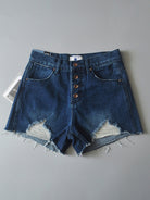 Women's high-waisted buttoned-up washed ripped raw edge denim shorts hot pants - Stormyjay