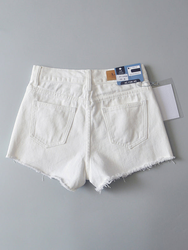 Women's high-waisted buttoned-up washed ripped raw edge denim shorts hot pants - Stormyjay