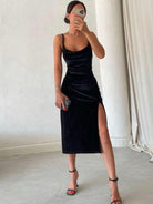 New sexy slim fit slit velvet suspender party dress - Stormyjay