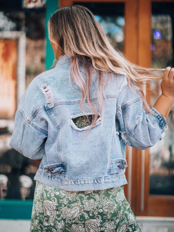 Women's new casual fashion loose handmade frayed denim jacket - Stormyjay