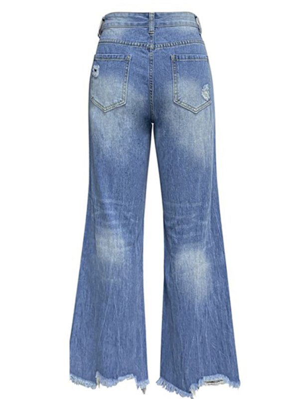 Women's tassel washed ripped wide leg jeans - Stormyjay