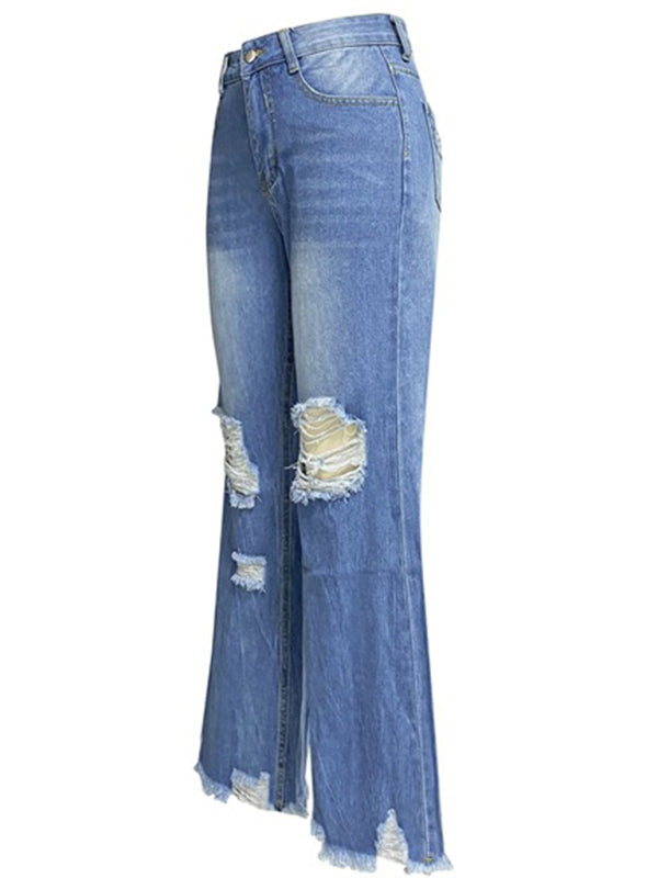 Women's tassel washed ripped wide leg jeans - Stormyjay