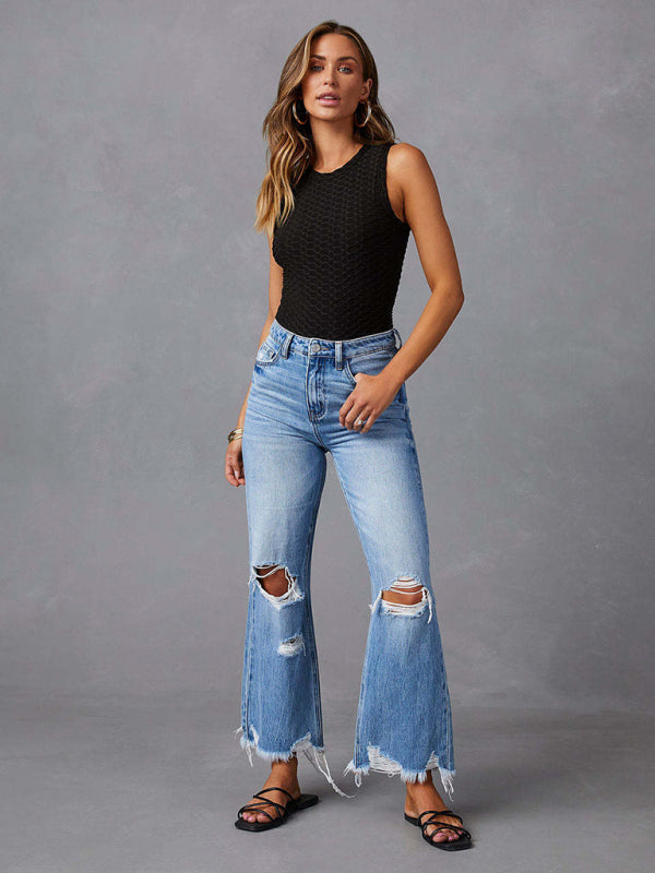 Women's tassel washed ripped wide leg jeans - Stormyjay