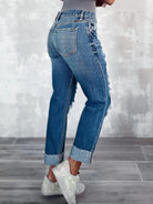 Women's high waist ripped straight leg street style long jeans - Stormyjay