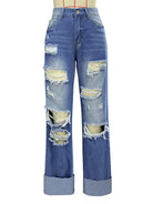 Women's high waist ripped straight leg street style long jeans - Stormyjay