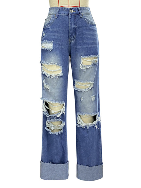 Women's high waist ripped straight leg street style long jeans - Stormyjay