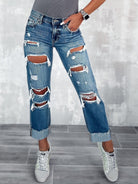 Women's high waist ripped straight leg street style long jeans - Stormyjay