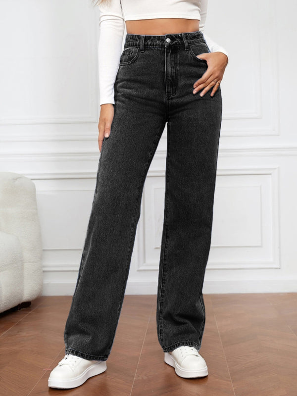 Women's High Waist Washed Straight Leg Jeans - Stormyjay