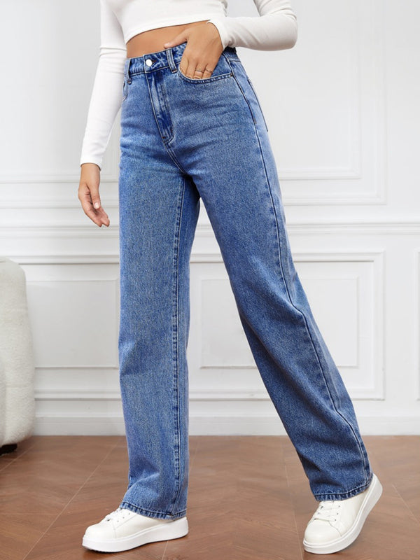 Women's High Waist Washed Straight Leg Jeans - Stormyjay