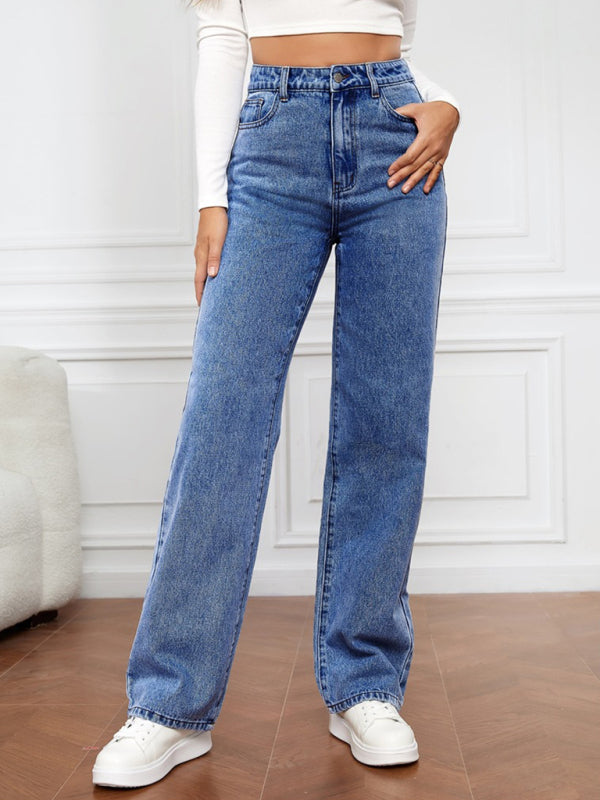 Women's High Waist Washed Straight Leg Jeans - Stormyjay