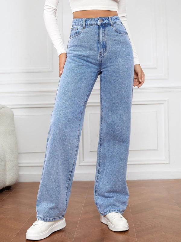 Women's High Waist Washed Straight Leg Jeans - Stormyjay