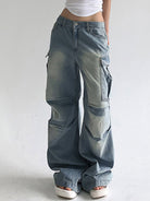 New street style distressed washed pocket splicing jeans loose straight trousers - Stormyjay