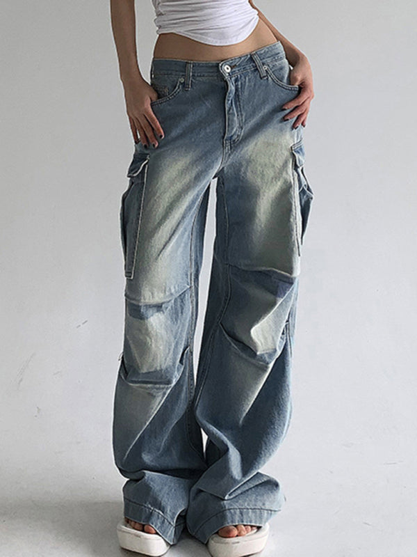 New street style distressed washed pocket splicing jeans loose straight trousers - Stormyjay