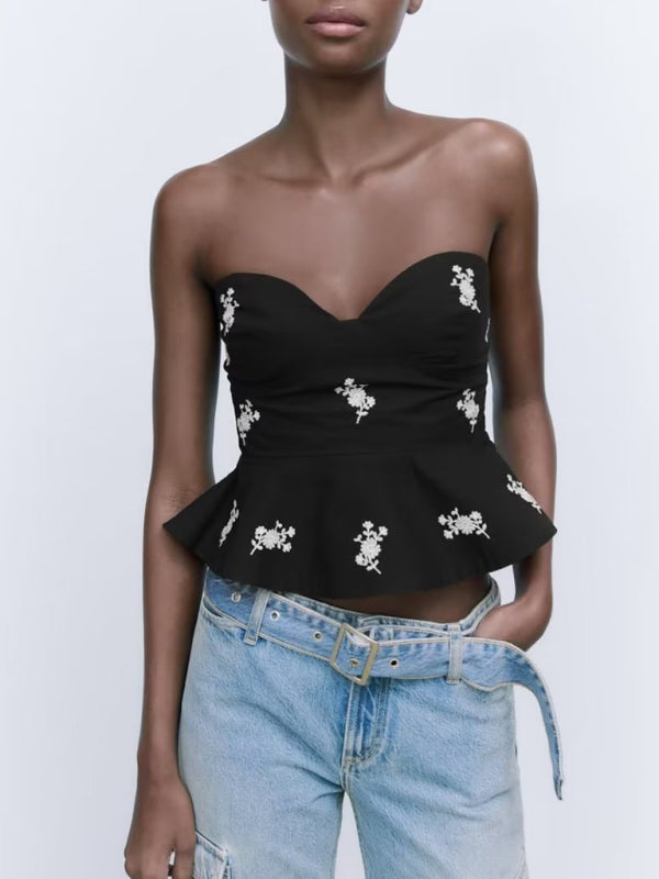 Women's casual floral embroidered poplin tube top - Stormyjay