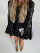 Women's sequin bell sleeve fashionable casual shiny dress - Stormyjay