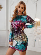 Women's Gradient Color Contrast Sequin Long Sleeve Hip Cover Party dress - Stormyjay