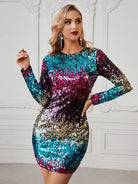 Women's Gradient Color Contrast Sequin Long Sleeve Hip Cover Party dress - Stormyjay