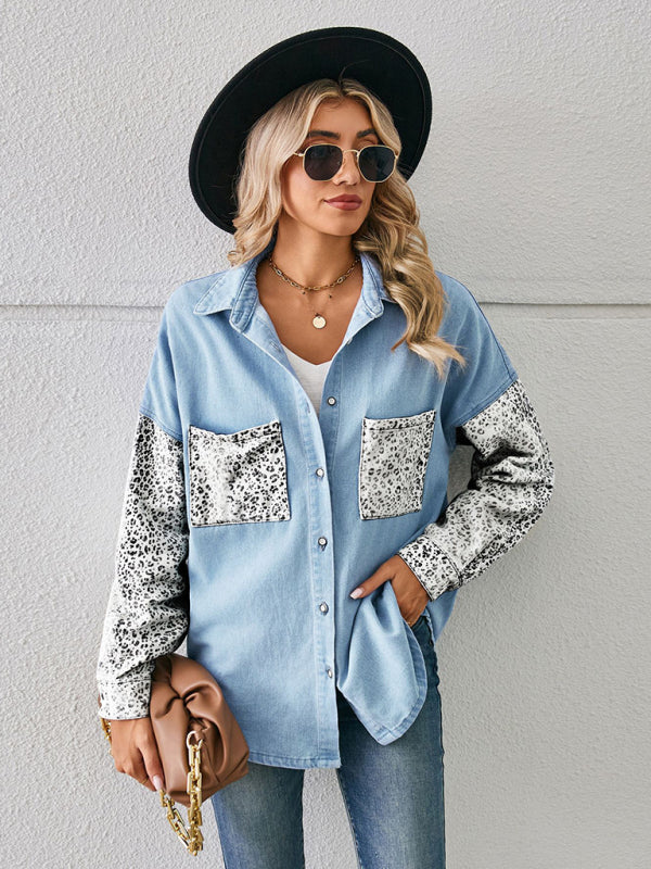 New loose leopard print patchwork denim shirt long sleeve top cardigan - Stormyjay