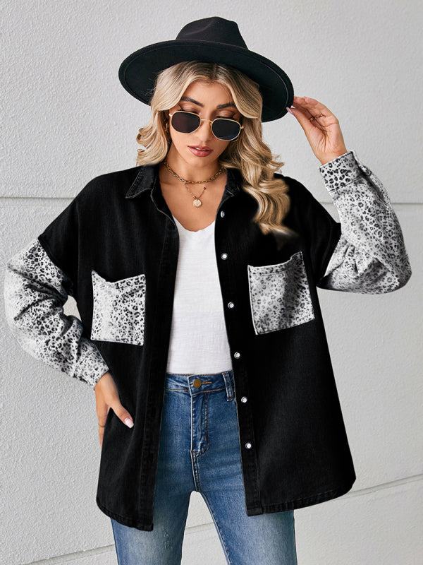 New loose leopard print patchwork denim shirt long sleeve top cardigan - Stormyjay