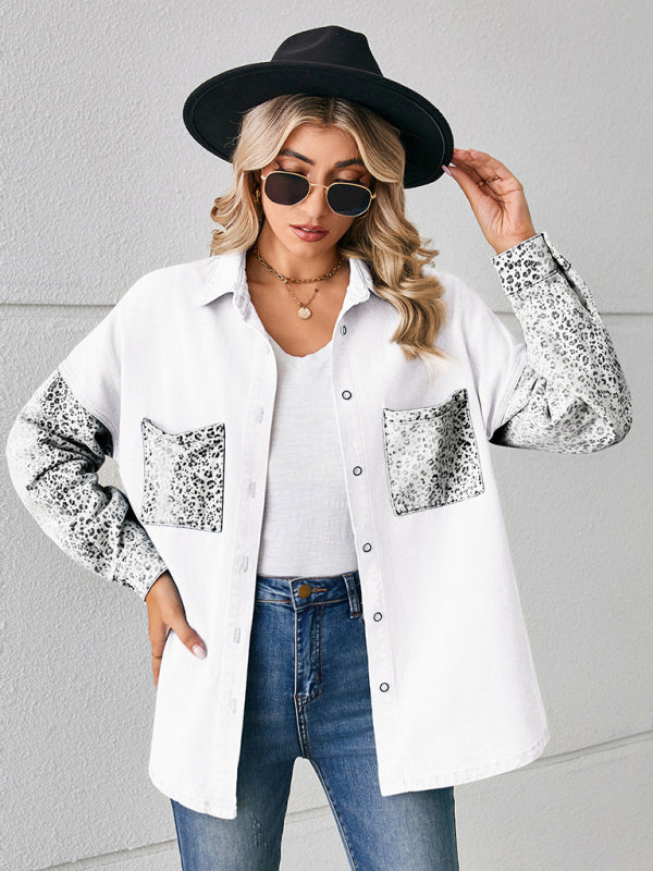 New loose leopard print patchwork denim shirt long sleeve top cardigan - Stormyjay