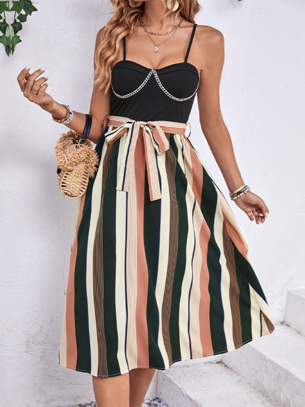 Women's striped patchwork suspender dress - Stormyjay