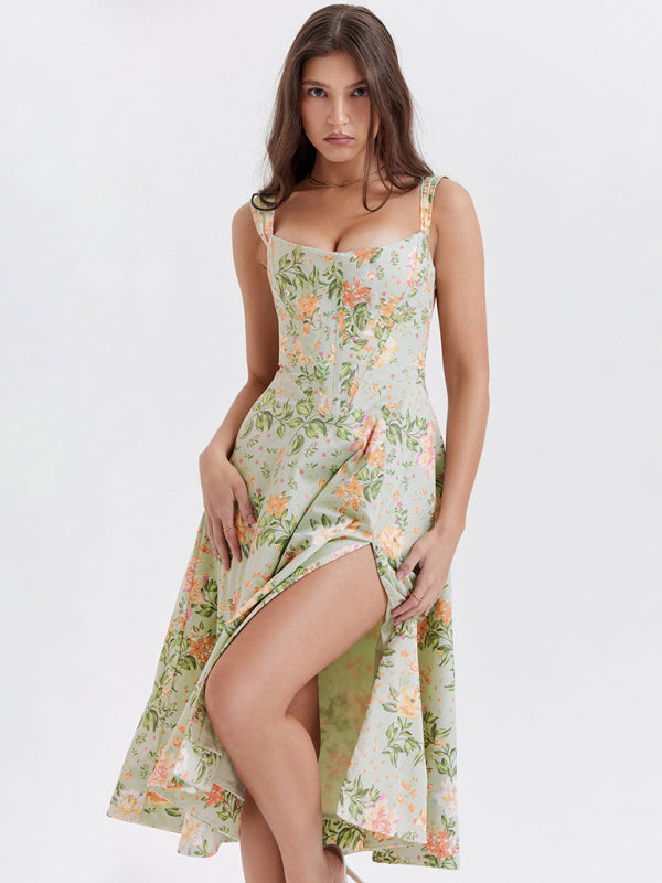 Women's Slim Suspender Sexy Slit Floral Dress - Stormyjay