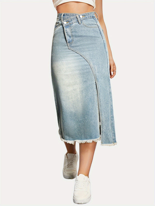 Women's button slit high waist denim skirt - Stormyjay