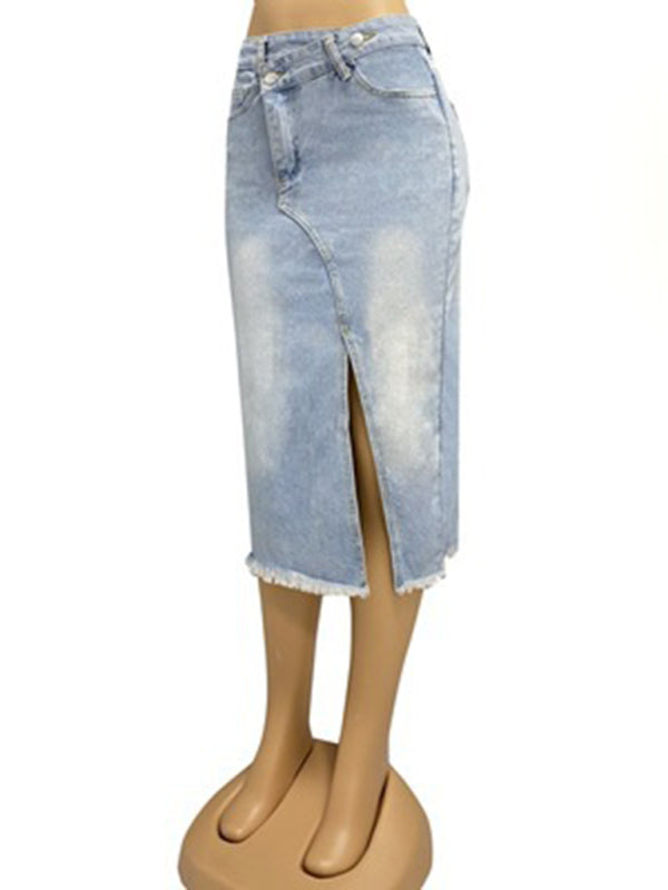 Women's button slit high waist denim skirt - Stormyjay